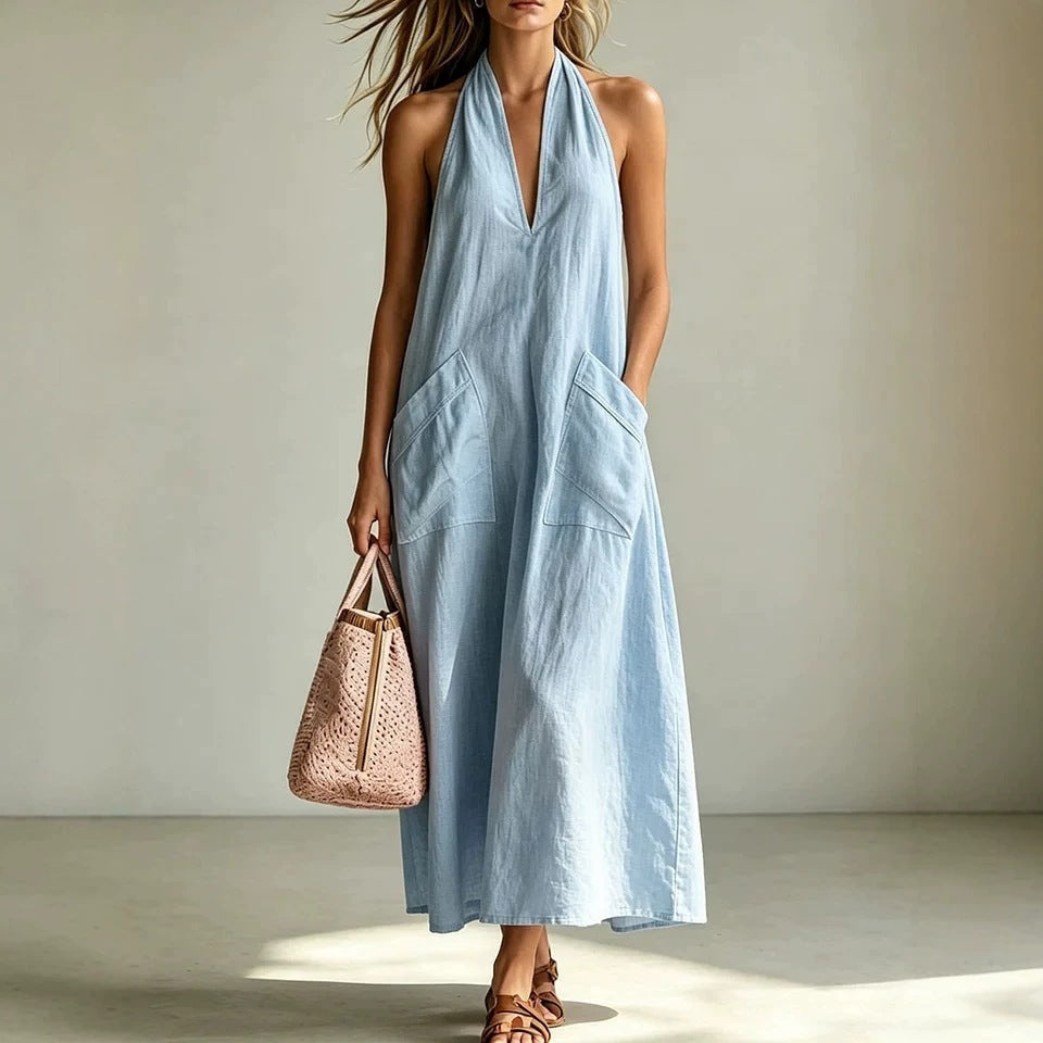 Vestido recto suelto de algodón con escote halter y cuello en V pronunciado sin mangas