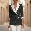 Pinstripe Double-Breasted Blazer | Contrast Lapel & Silver Buttons | Black