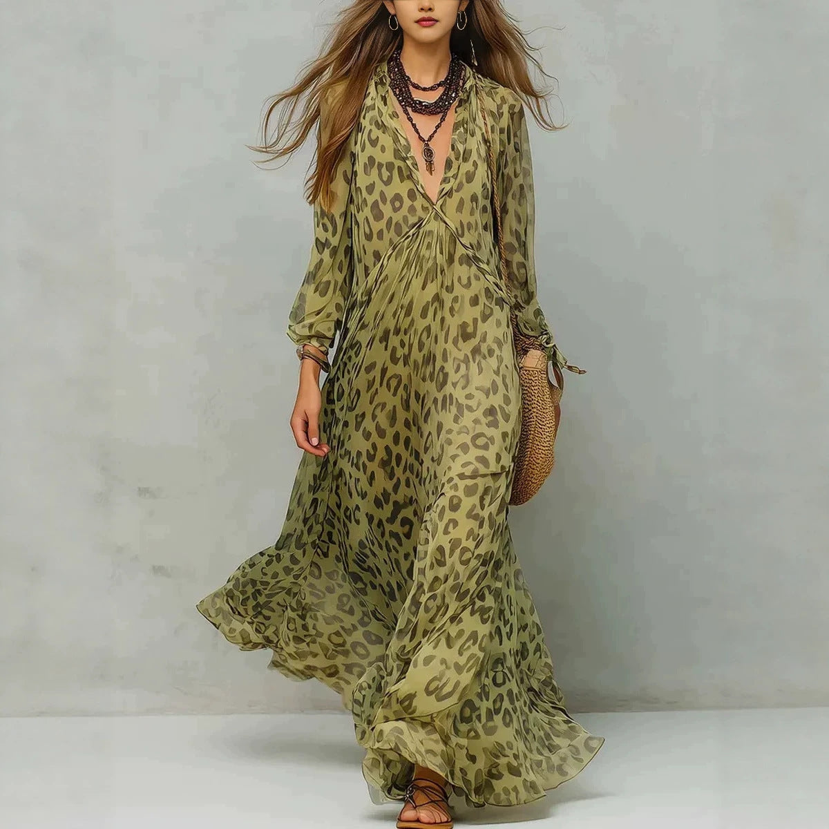 Vestido maxi acampanado de chifón con estampado de leopardo, escote pronunciado en V y manga tres cuartos para vacaciones en la playa para mujer