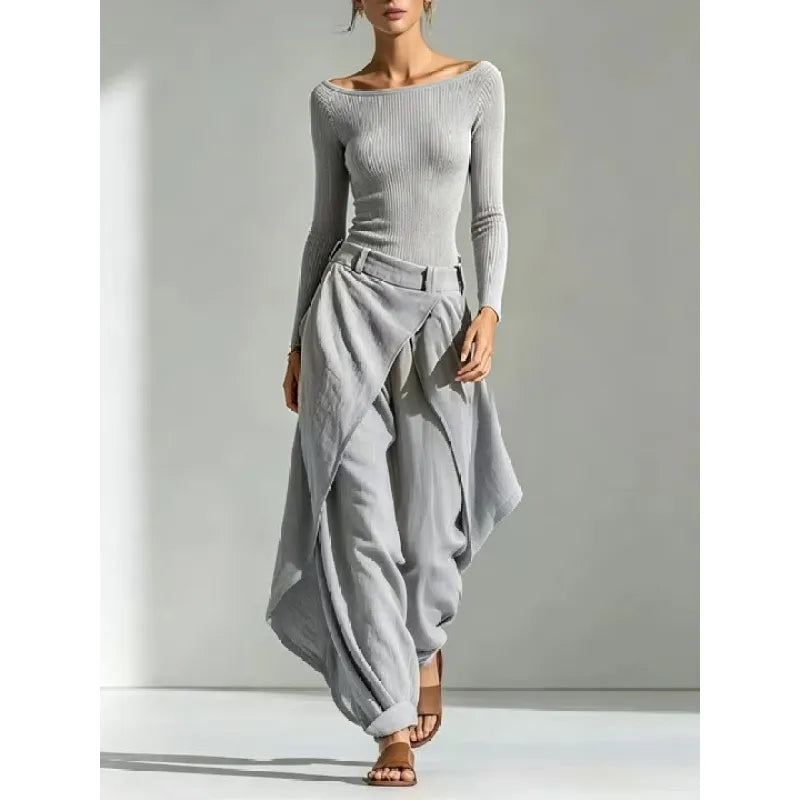 Women's Off-Shoulder Slim Top & Draped Wide Leg Pants Two-Piece Set