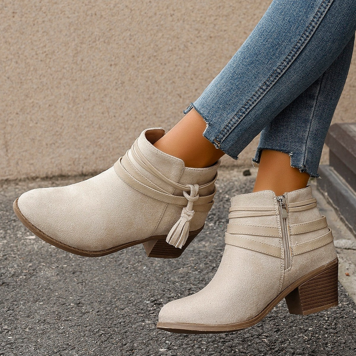 Botines de tacón grueso de gamuza para mujer – Correa de borlas con cremallera lateral