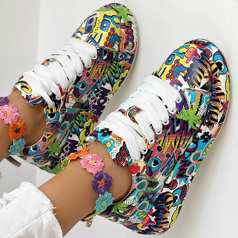 Zapatillas con Cordones de Punta Redonda y Suela Gruesa — Zapatos Casuales Estampados para Mujer