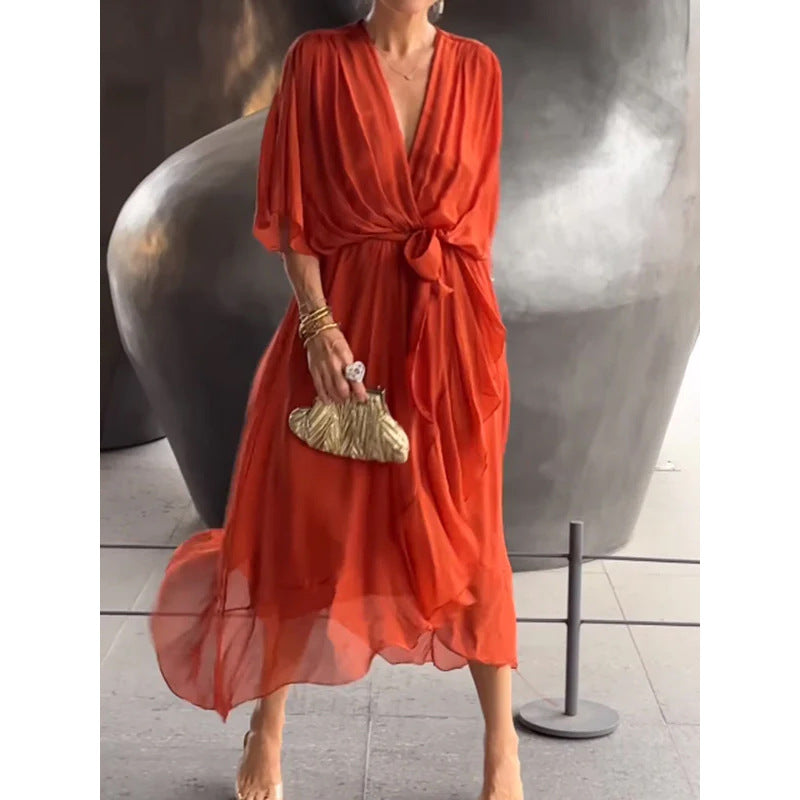 Vestido midi con cuello de pico y mangas murciélago – Vestido de hadas con bajo irregular anudado