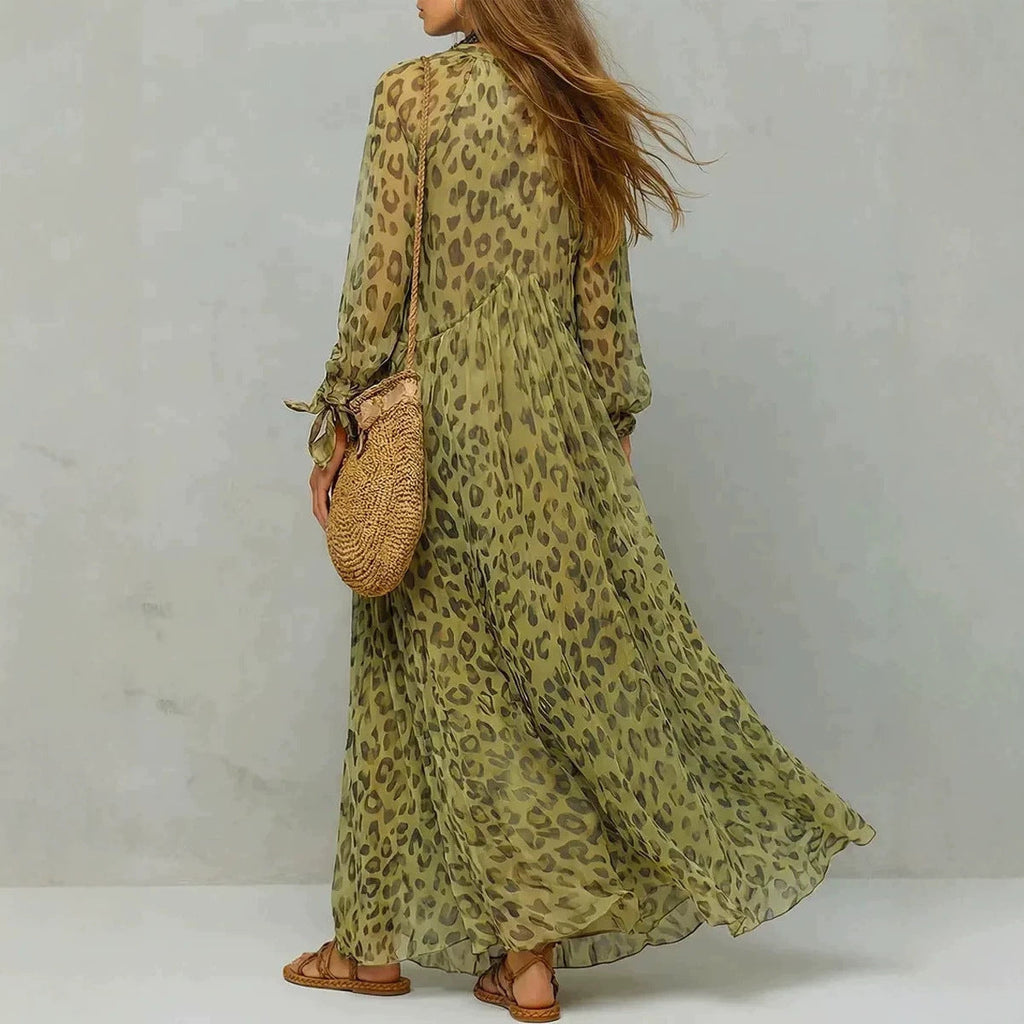 Vestido maxi acampanado de chifón con estampado de leopardo, escote pronunciado en V y manga tres cuartos para vacaciones en la playa para mujer