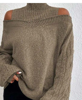 Suéter elegante de cuello alto y hombros descubiertos para mujer - Top de punto de manga larga