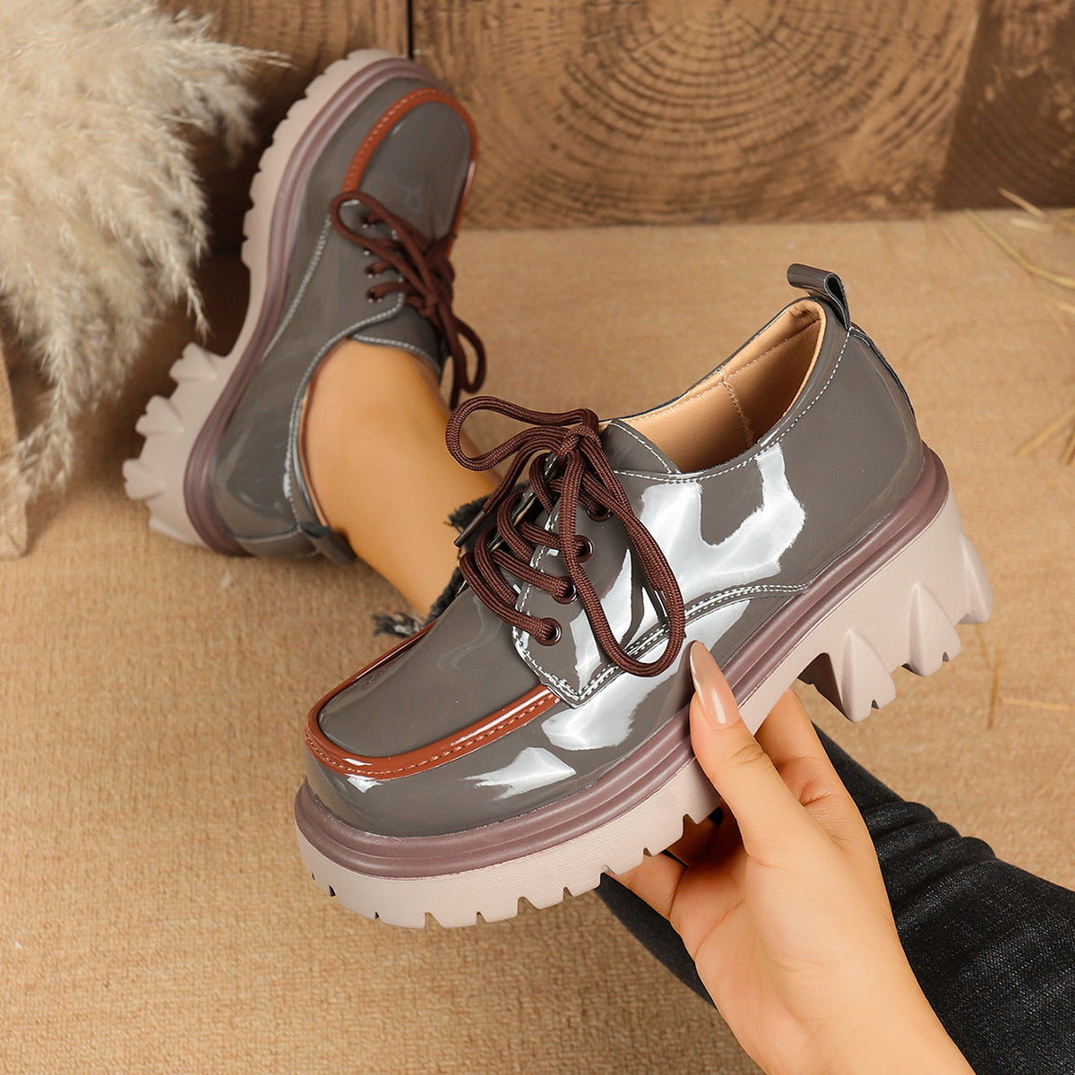 Zapatos de tacón grueso con cordones para mujer – Punta redonda vintage que aumenta la altura