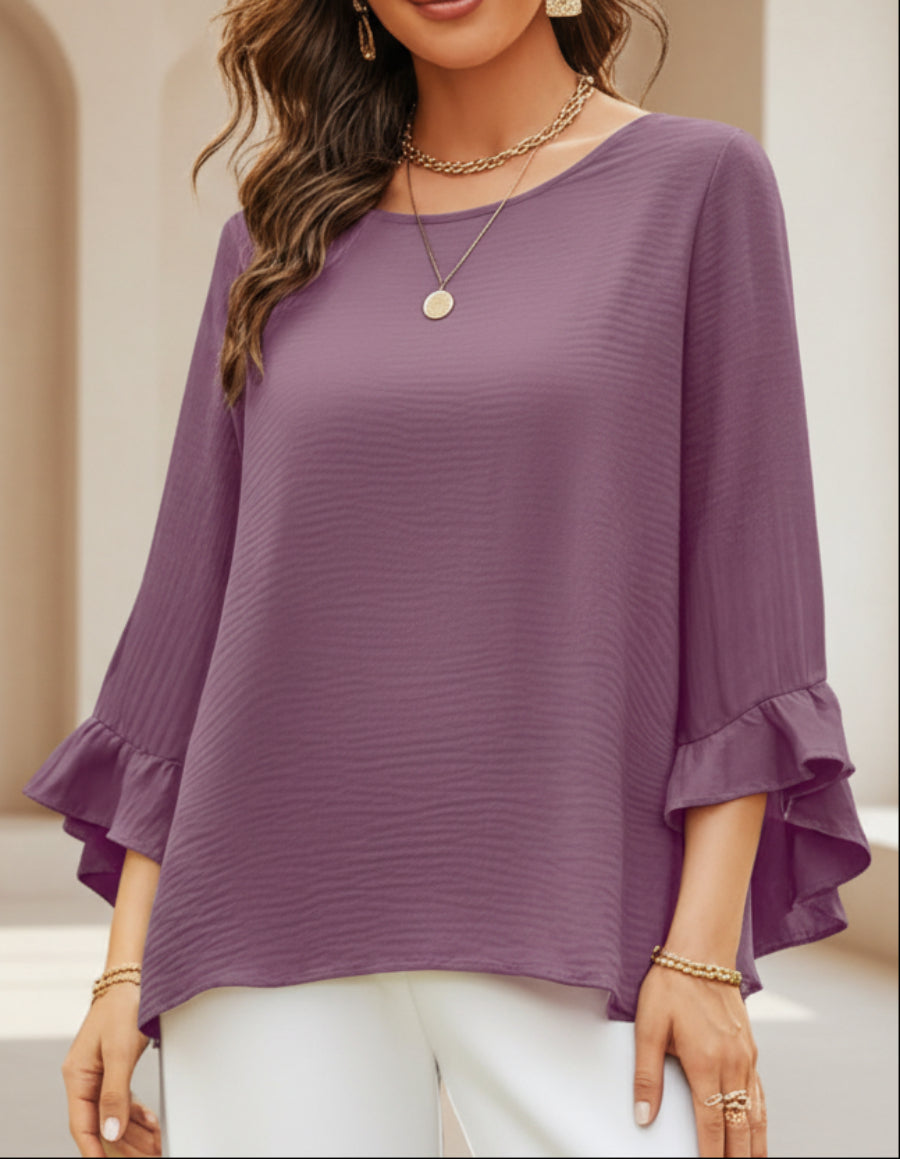 Women's Solid Color Loose Round-Neck Top – Ruffled Three-Quarter Sleeves