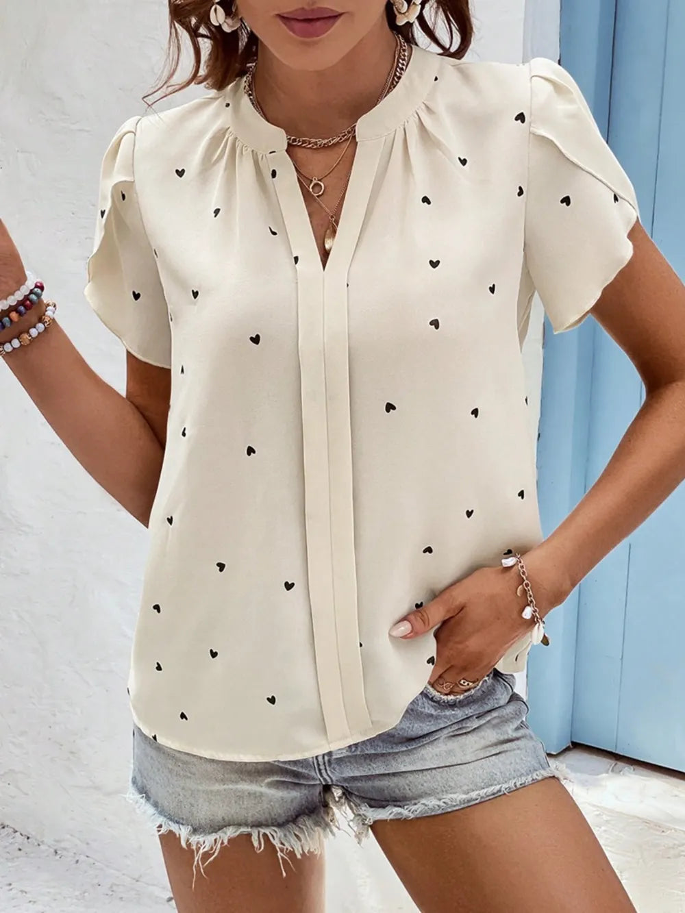 Women's V-Neck Heart Print Blouse – Petal Sleeve Pleated Front Elegant Top
