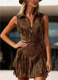 Vestido midi entallado sin mangas de gamuza con flecos estilo western para mujer