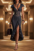 Vestido Largo de Mujer Gótico Vintage Literario Retro con Cuello en V Profundo y Empalmes | Elegante Vestido Largo Gris Oscuro