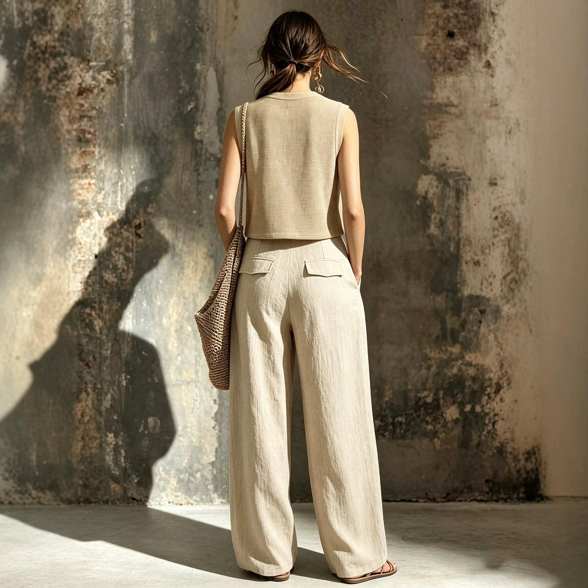 Conjunto de Dos Piezas de Chaleco de Punto sin Mangas y Pantalones de Pierna Ancha para Mujer – Lino Caqui Casual
