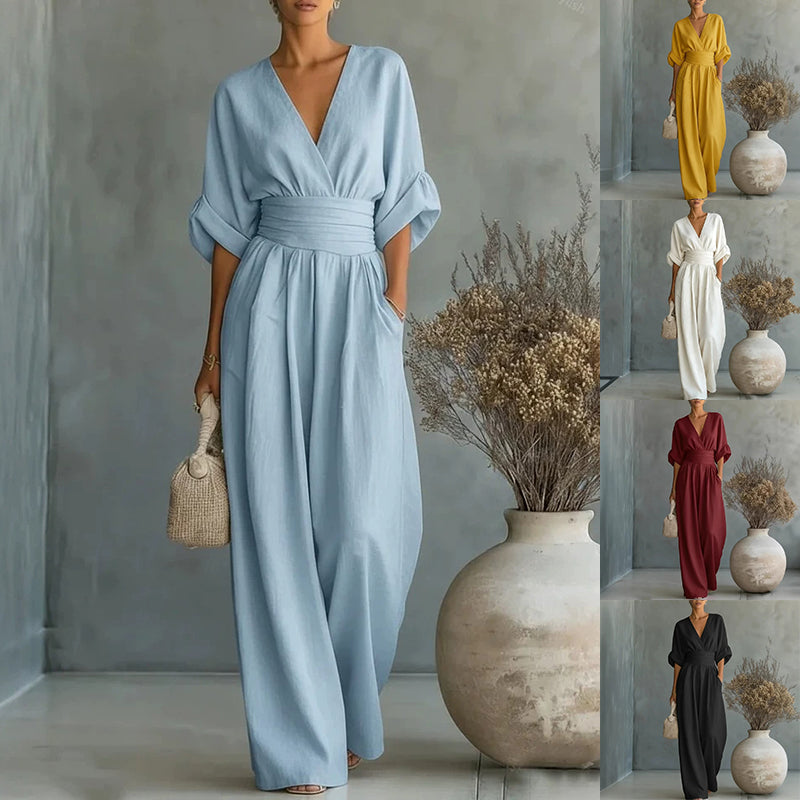 Mono de mujer con cuello de pico y pernera ancha – Plisado elegante de talle alto 11 colores S–5XL