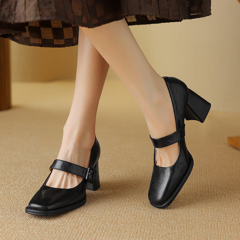 Zapatos de tacón Mary Jane de piel de oveja para mujer – Zapatos de tacón grueso con puntera cuadrada y hebilla