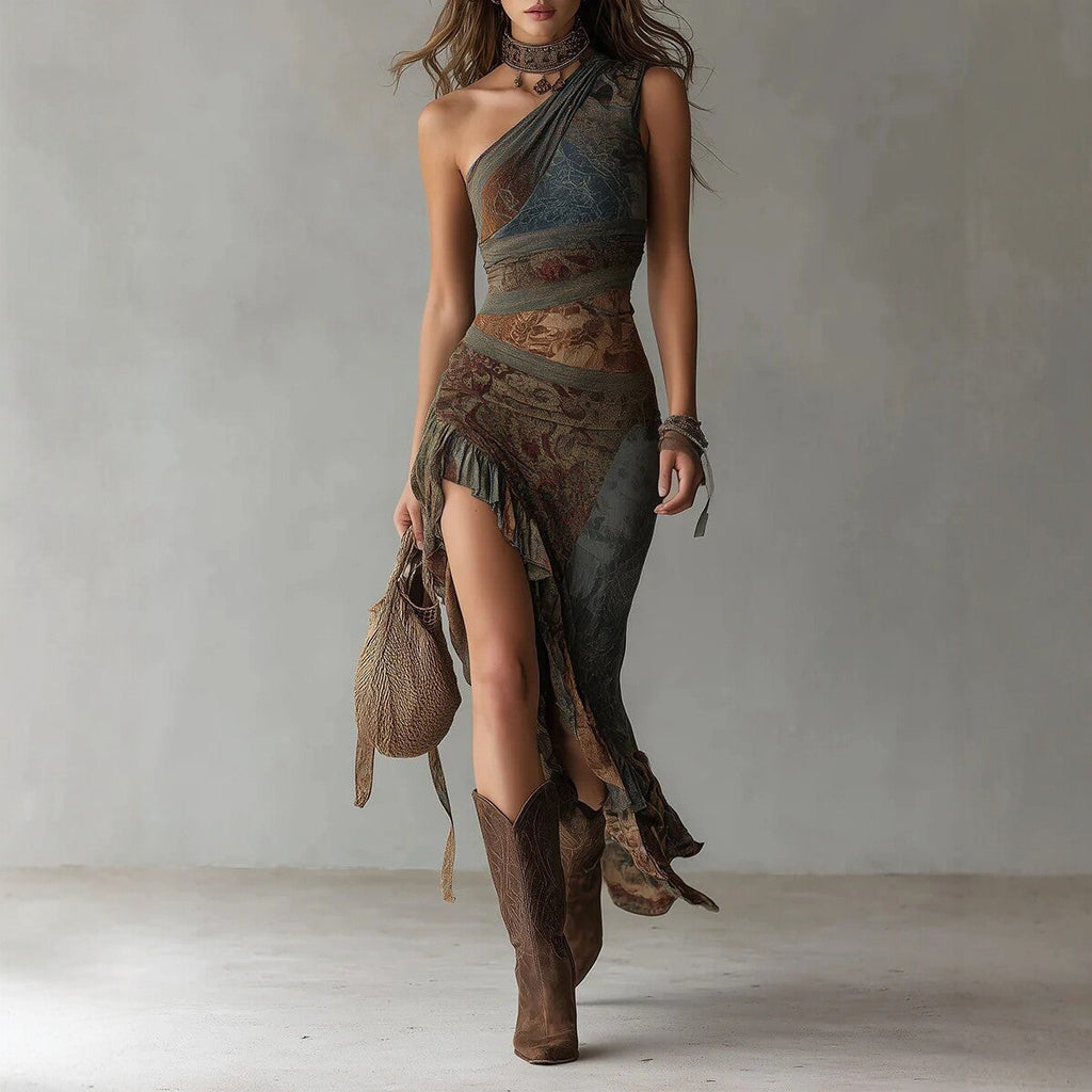 Vestido lencero asimétrico con estampado de retales retro – Vestido maxi bohemio de cintura alta con abertura alta