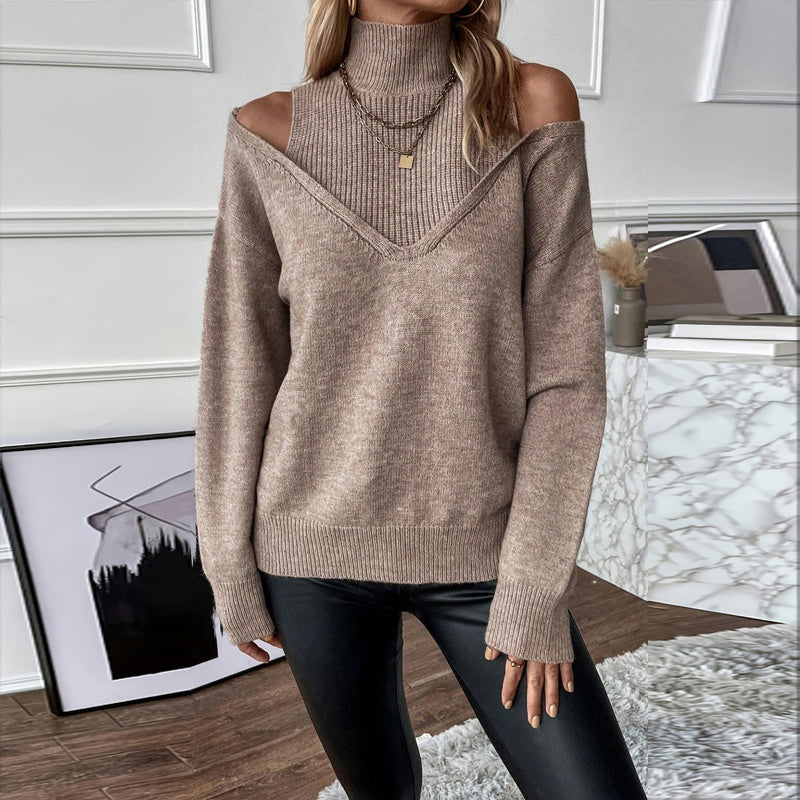 Suéter elegante de cuello alto y hombros descubiertos para mujer - Top de punto de manga larga