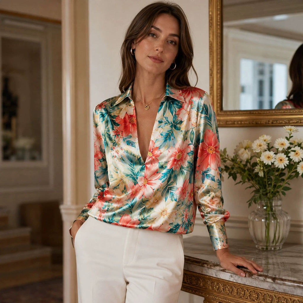 Women's Retro Ink-Wash Floral Satin Blouse – Deep V-Neck Lapel