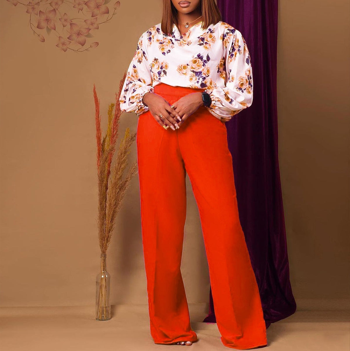 Conjunto de Top de Encaje Floral con Cordones y Pantalones Anchos Estampados – 4 Colores, S–3XL