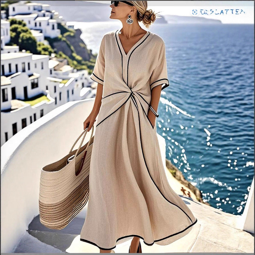 Vestido Largo Estampado de Rayas – Vestido de Manga Corta para Vacaciones en la Playa
