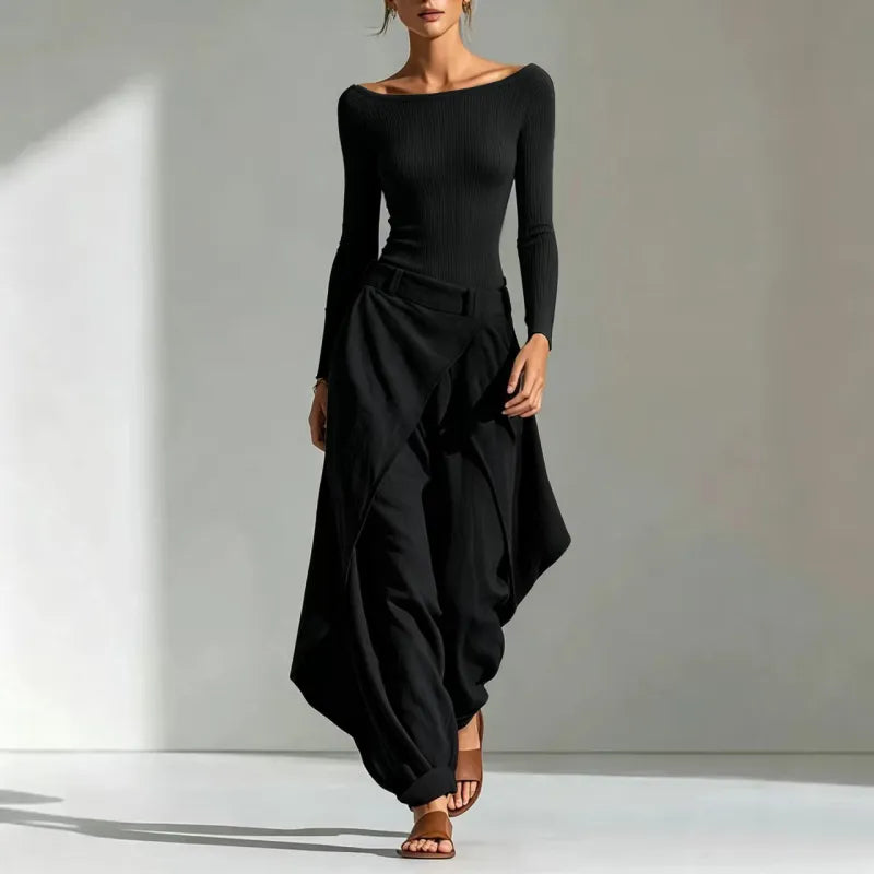 Women's Off-Shoulder Slim Top & Draped Wide Leg Pants Two-Piece Set