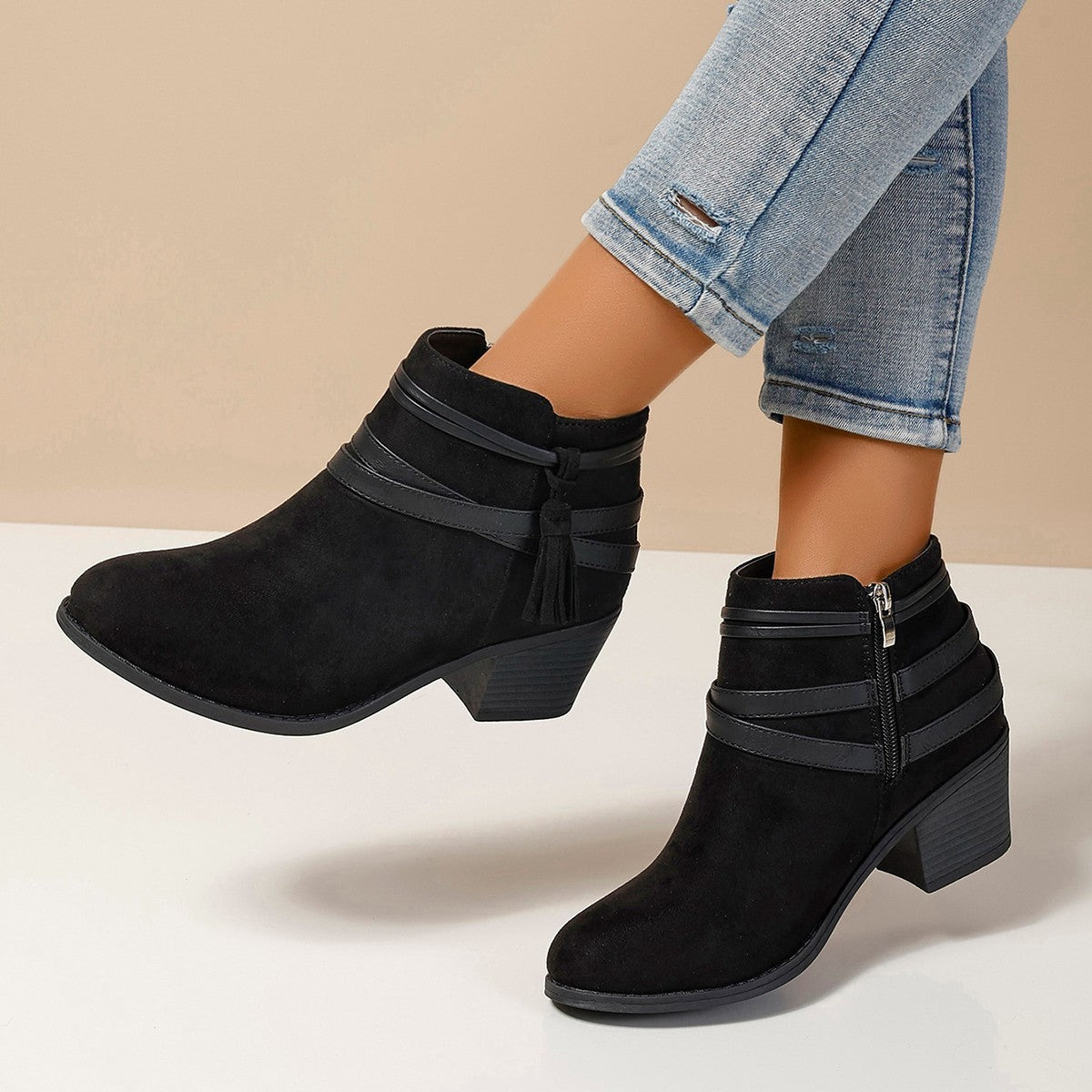 Botines de tacón grueso de gamuza para mujer – Correa de borlas con cremallera lateral