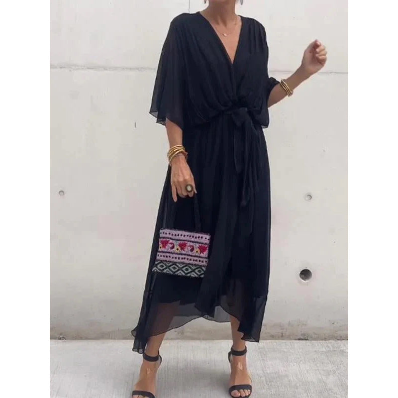 Vestido midi con cuello de pico y mangas murciélago – Vestido de hadas con bajo irregular anudado
