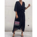 Vestido midi con cuello de pico y mangas murciélago – Vestido de hadas con bajo irregular anudado