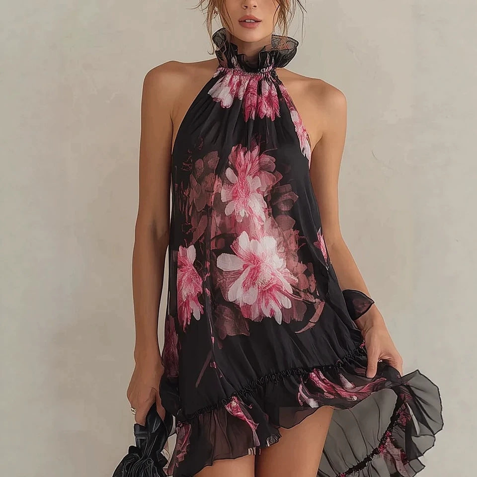 Minivestido de gasa con estampado floral y hombros descubiertos para mujer | Vestido de verano sin tirantes con cintura alta y línea A