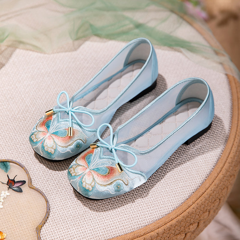 Manoletinas de malla con bordado de mariposas para mujer – Zapatos transpirables con lazo
