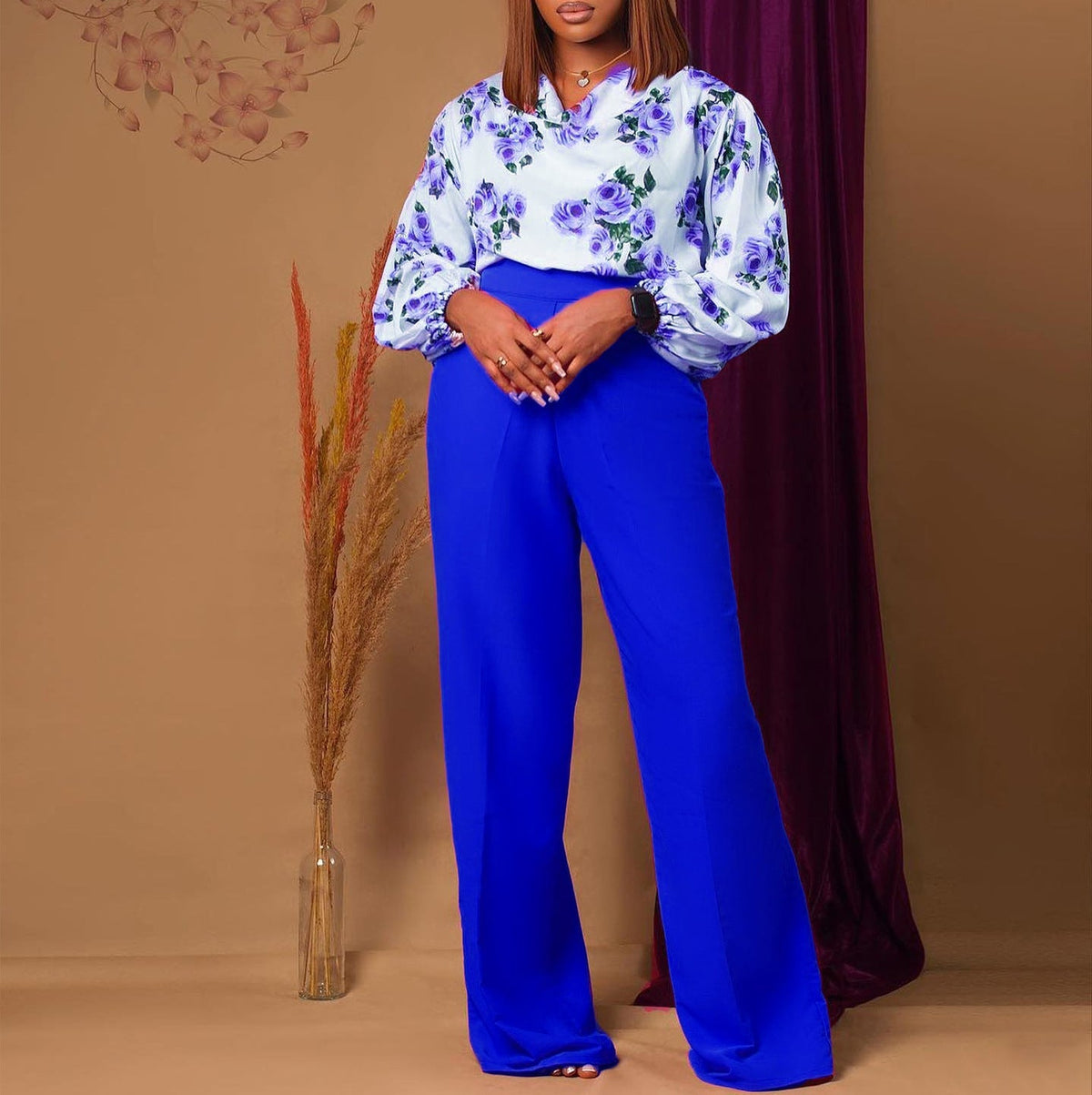 Conjunto de Top de Encaje Floral con Cordones y Pantalones Anchos Estampados – 4 Colores, S–3XL