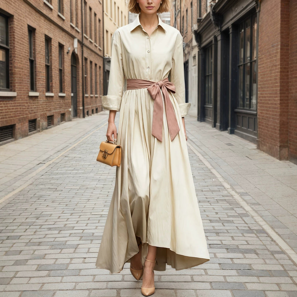 Vestido largo de manga larga con cuello tipo polo y cintura alta para mujer – Vestido liso con botones