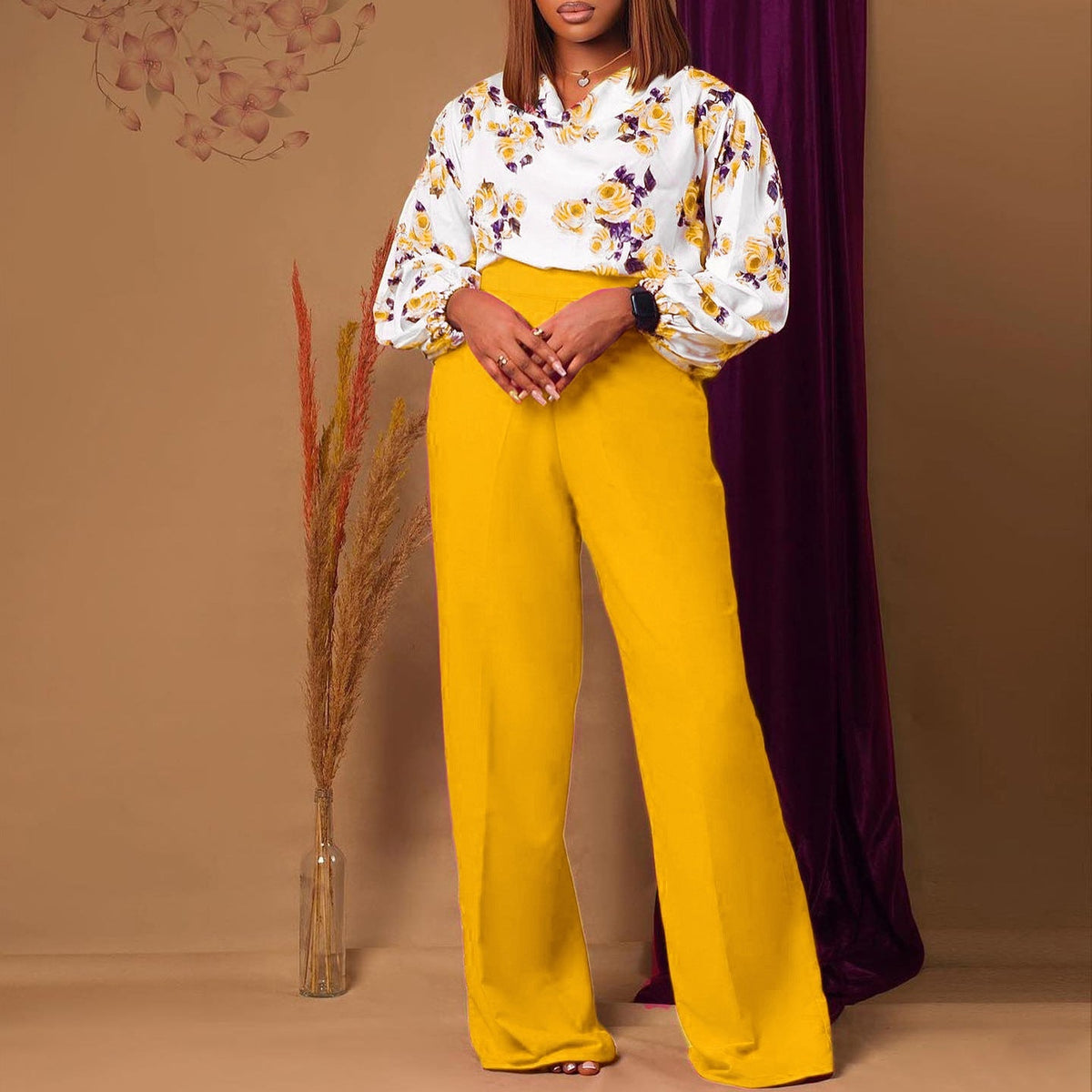 Conjunto de Top de Encaje Floral con Cordones y Pantalones Anchos Estampados – 4 Colores, S–3XL