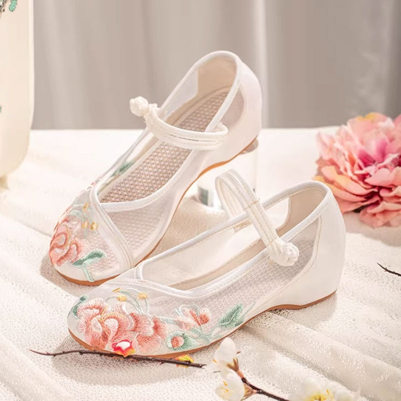 Zapatos planos retro calados transpirables con bordado floral para mujer