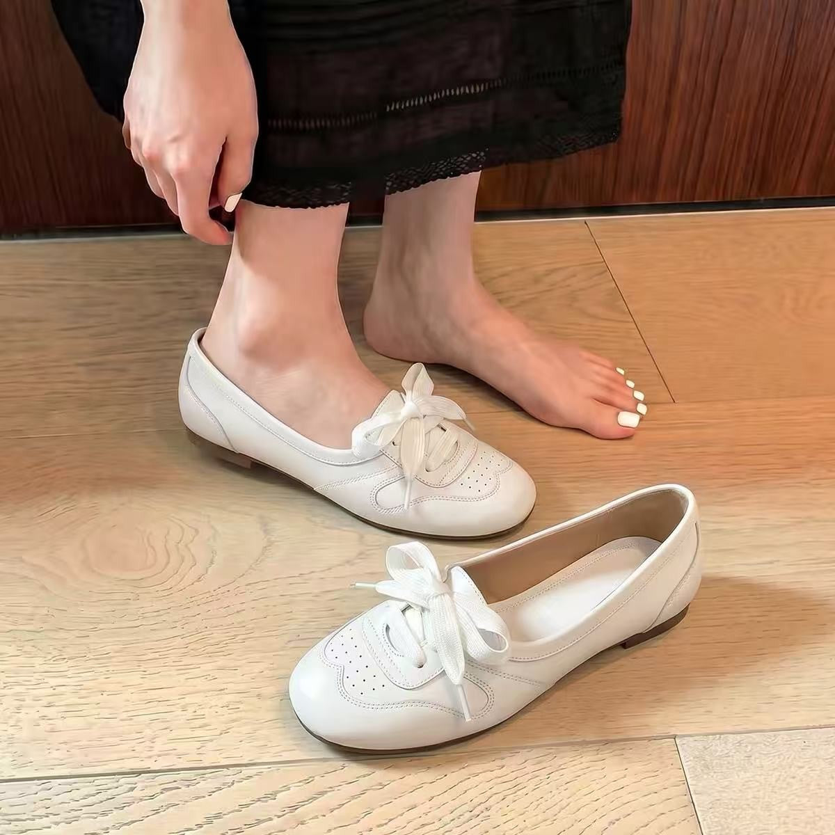 Mocasines planos de ballet con cordones vintage para mujer – Zapatillas casuales cómodas