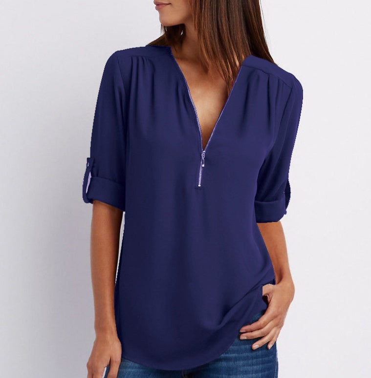 Women's Short-Sleeve Zip V-Neck Loose Top