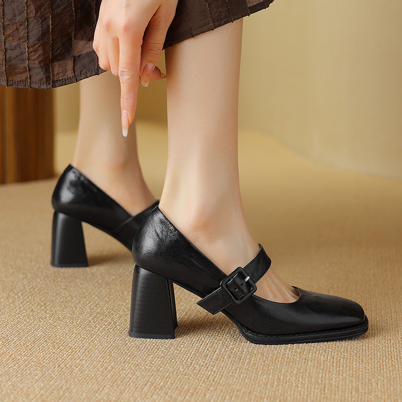 Zapatos de tacón Mary Jane de piel de oveja para mujer – Zapatos de tacón grueso con puntera cuadrada y hebilla