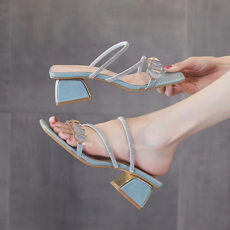Sandalias Deslizantes de Una Sola Tira con Estrás Estilo Coreano para Mujer – Tacón Medio Grueso