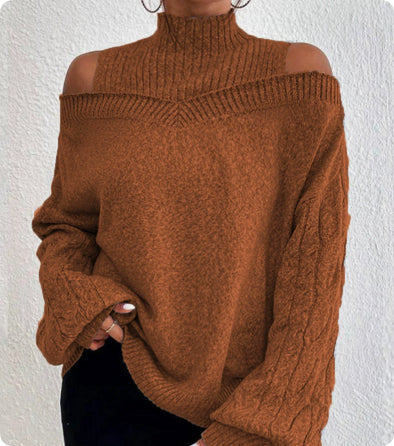 Suéter elegante de cuello alto y hombros descubiertos para mujer - Top de punto de manga larga