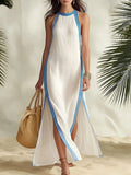 Vestido largo maxi sin mangas con aberturas a rayas – Vestido de lino informal y para vacaciones