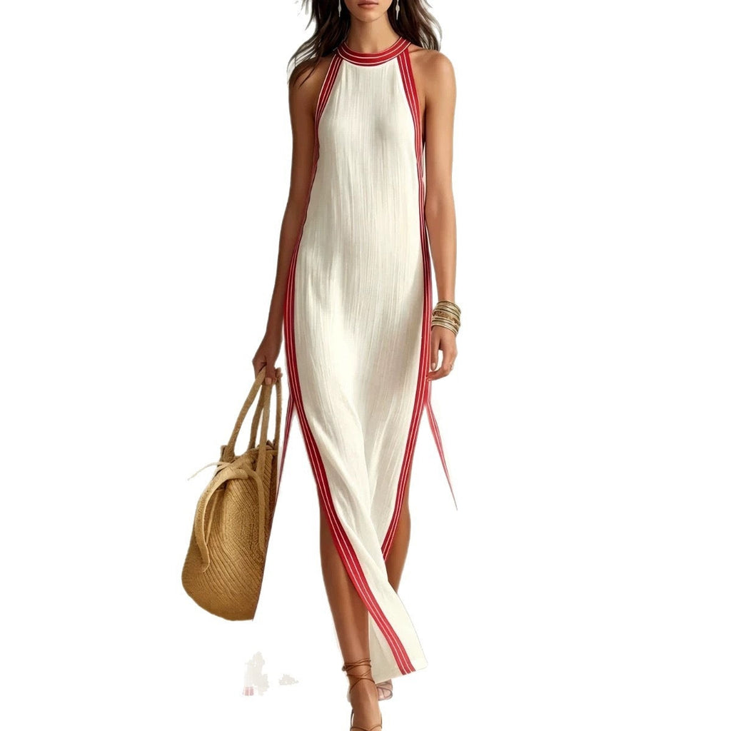 Vestido largo maxi sin mangas con aberturas a rayas – Vestido de lino informal y para vacaciones