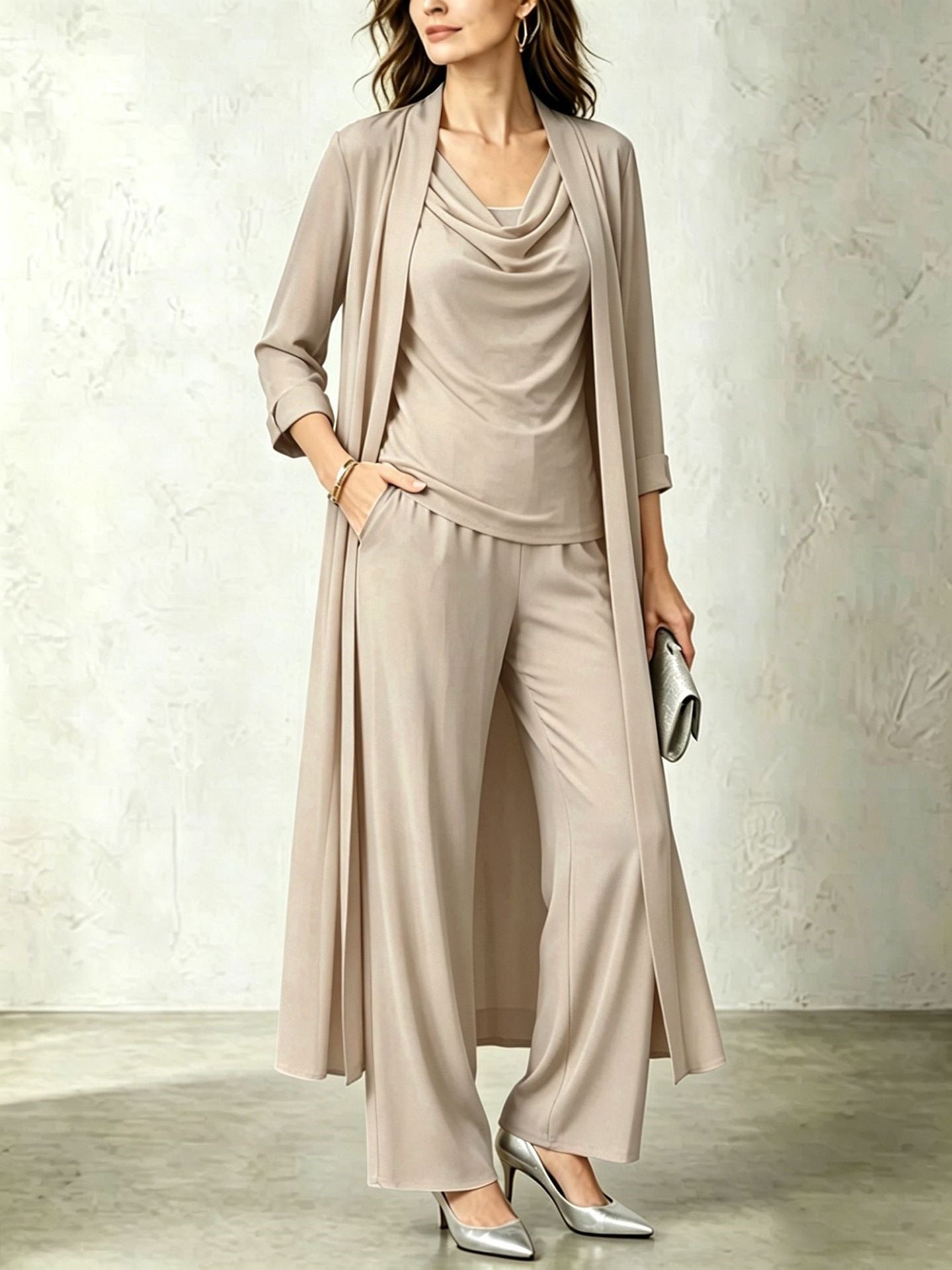 Long Sleeve Swing Collar Cardigan & Wide-Leg Pants Three-Piece Set