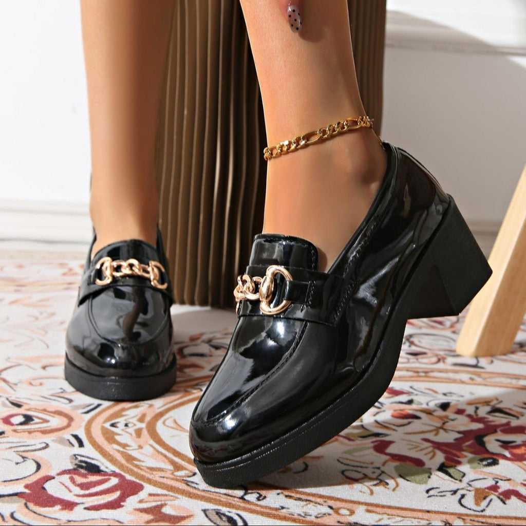 Zapatos casuales de PU con tacón bajo y punta redonda para mujer – Talla ancha