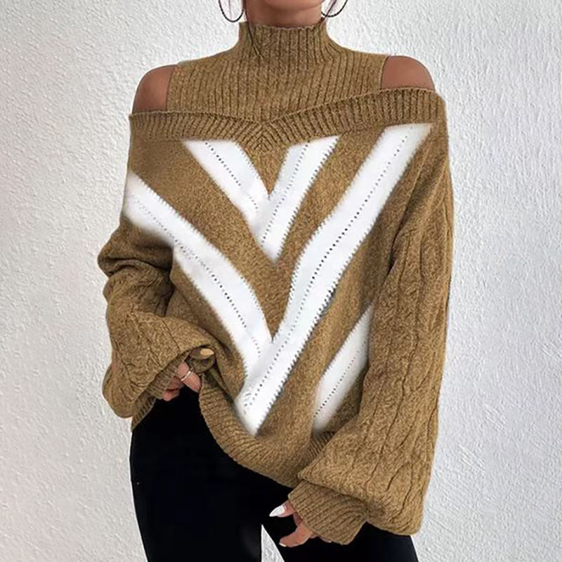 Suéter elegante de cuello alto y hombros descubiertos para mujer - Top de punto de manga larga