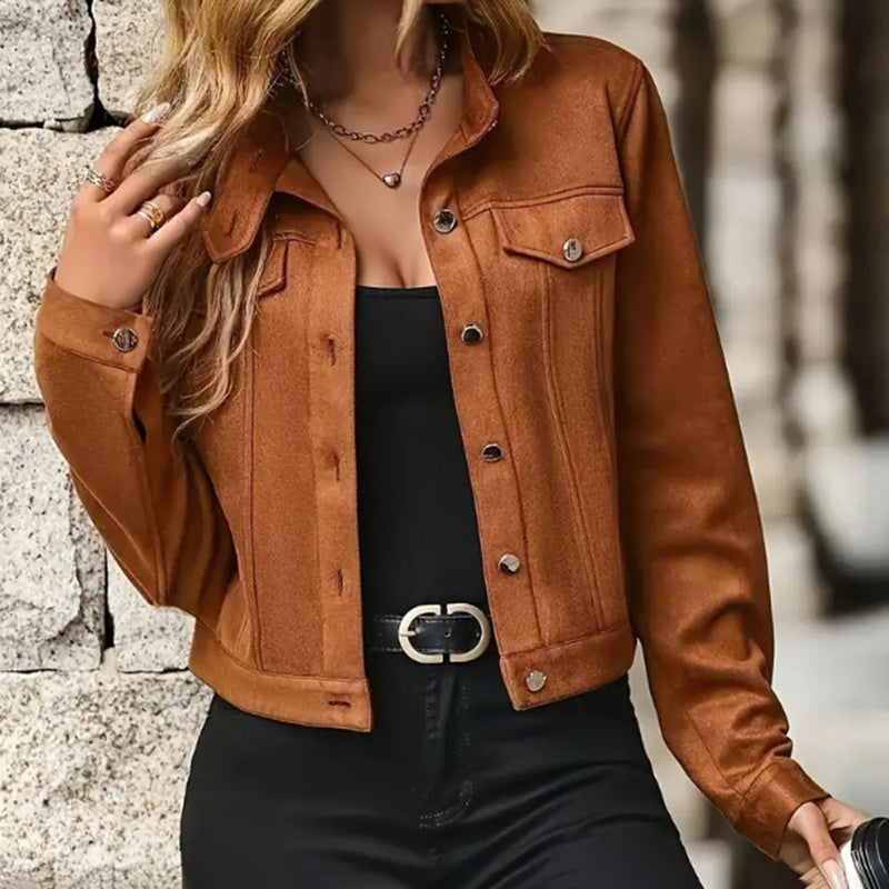 Chaqueta corta de gamuza sintética con cuello alto — Abrigo corto vintage / Prenda de abrigo de otoño