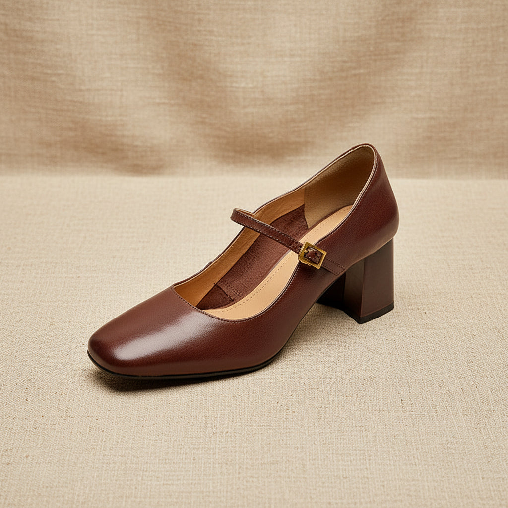 Zapatos de salón Mary Jane de cuero auténtico con tacón de bloque para mujer