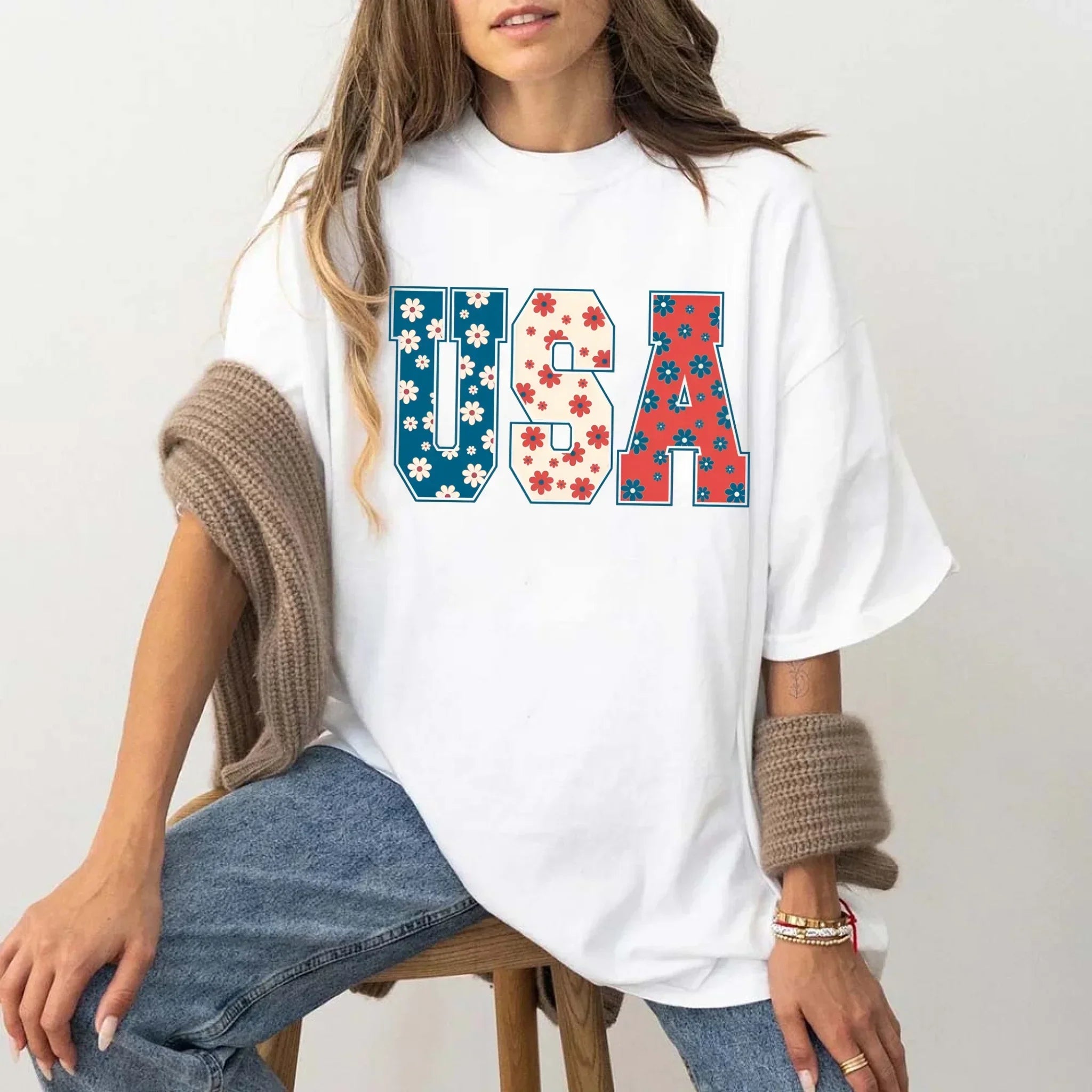 USA Floral T-Shirt - Independence Day Flowers Tees