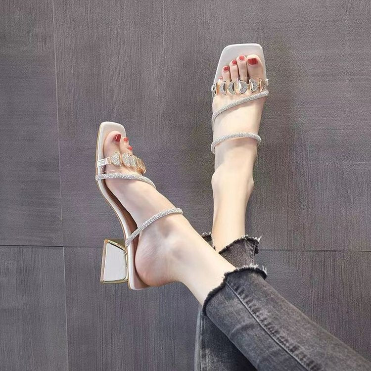 Sandalias Deslizantes de Una Sola Tira con Estrás Estilo Coreano para Mujer – Tacón Medio Grueso