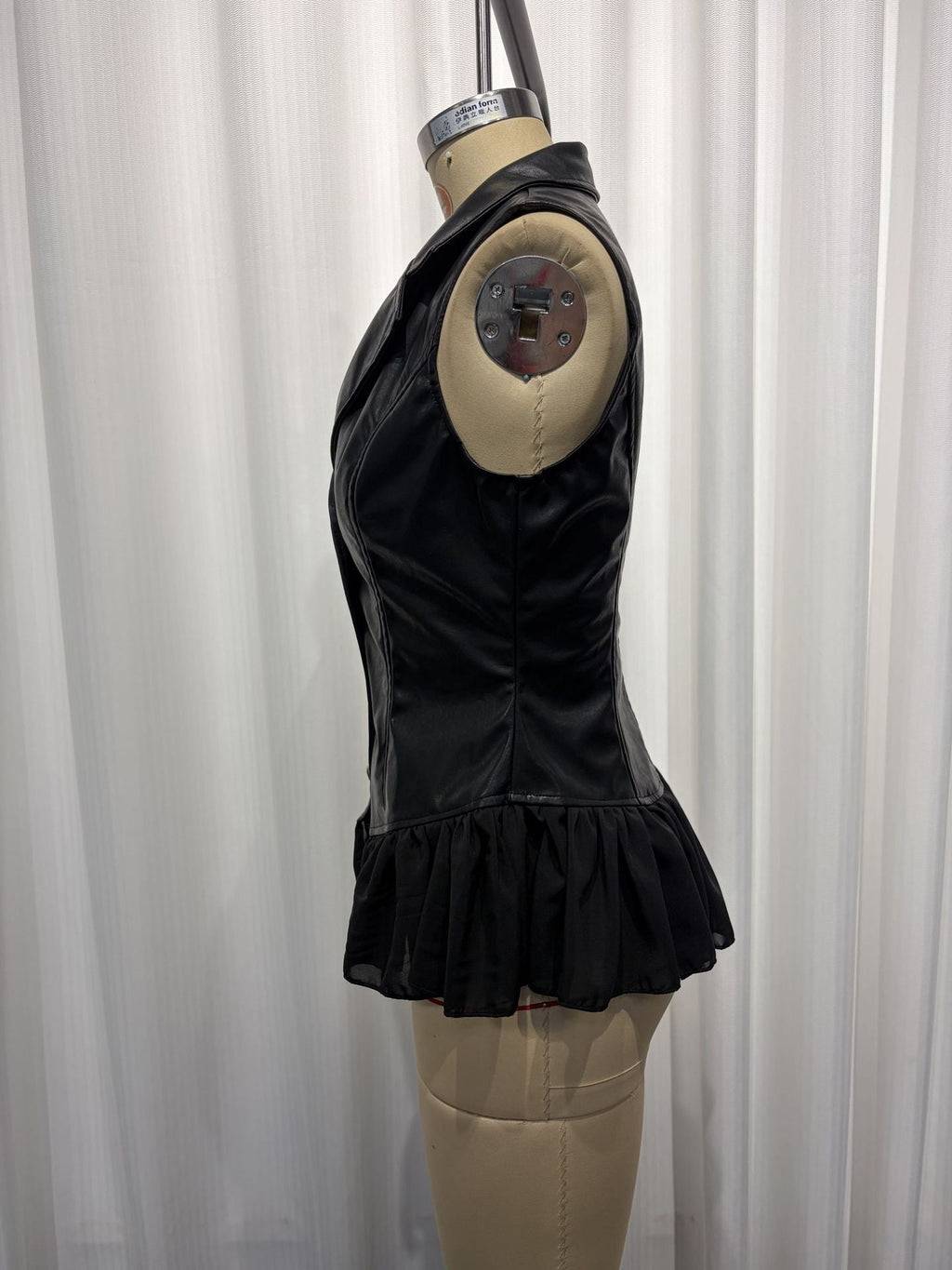 PU Leather Vest | Deep V Ruffle Hem Fitted Waist | Gothic Black
