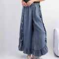 Women's Washed Denim Wide-Leg Flared Pants with Ruffle Hem