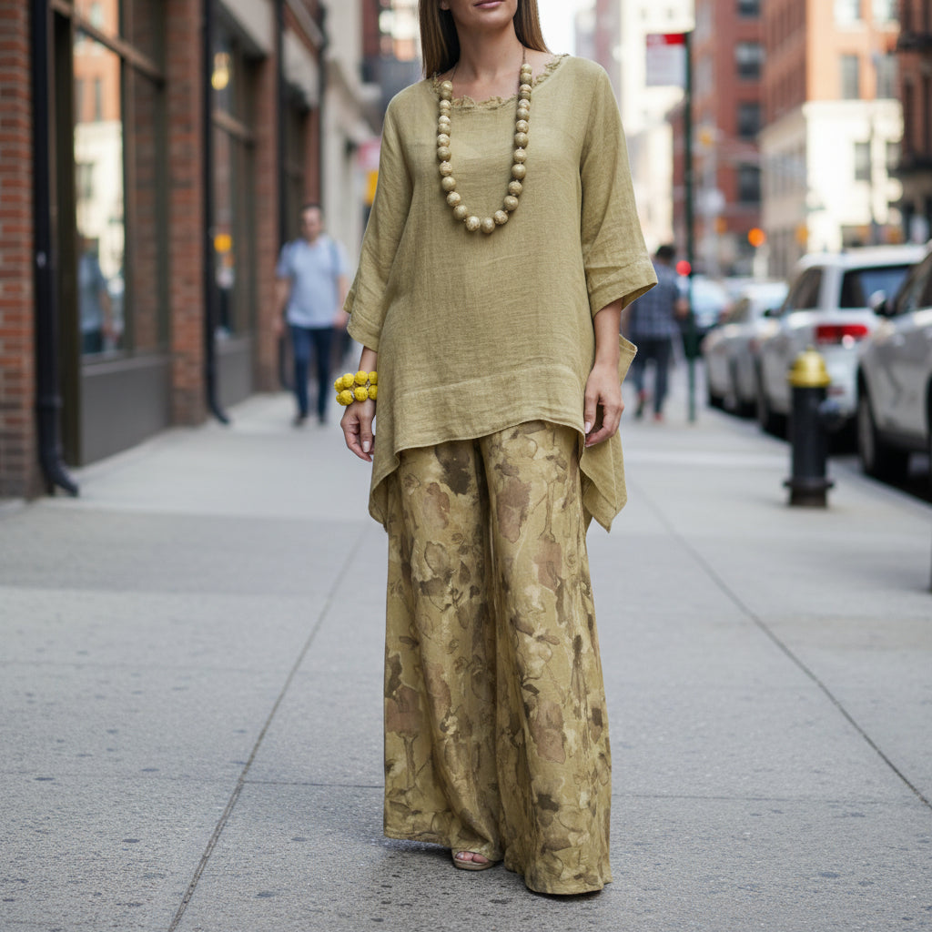 Conjunto de top con bajo irregular y hombros caídos y pantalones anchos | 3 colores