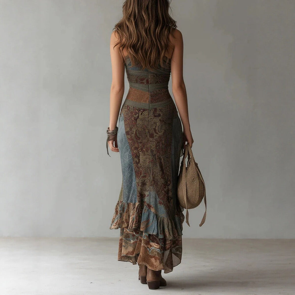 Vestido lencero asimétrico con estampado de retales retro – Vestido maxi bohemio de cintura alta con abertura alta